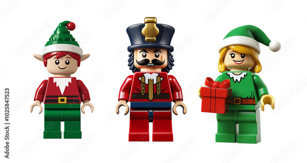 Naklejka premium Set of 3 lego figures. Christmas Elf, Nutcracker, Elf with present.