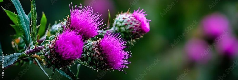 A tight shot of flower blooms and attached green leaves on a branch, featuring purplish hues in the foreground A tight shot of flower blooms and attached green leaves on a branch, featuring purplish hues in the foreground