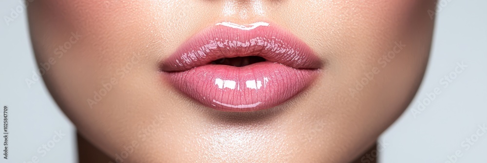 Fototapeta premium A tight shot of a woman's rosy lips, contrasted by a smudge of white lipstick on her cheek