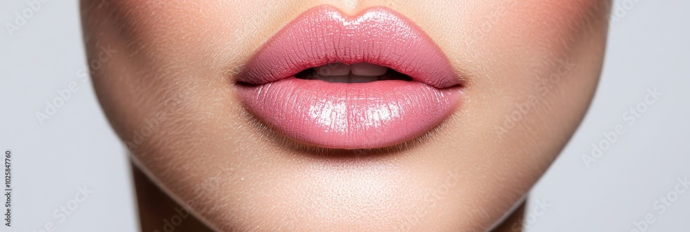 Obraz premium A tight shot of a woman's lips, sporting a gentle pink lipstick coat – applied above and below