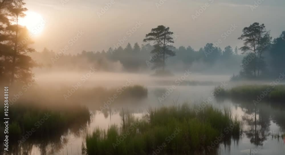 Fog Rising Over a Forest Swamp at Dawn Fog Rising Over a Forest Swamp at Dawn