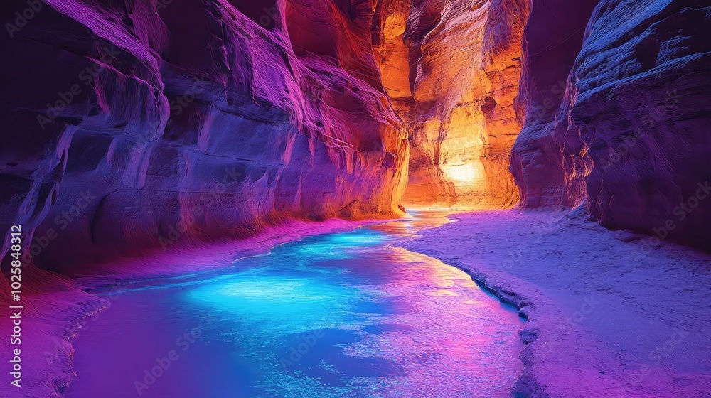 A desert canyon illuminated by neon lights, with the colorful glow reflecting off the rock walls and casting soft hues across the sand A desert canyon illuminated by neon lights, with the colorful glow reflecting off the rock walls and casting soft hues across the sand