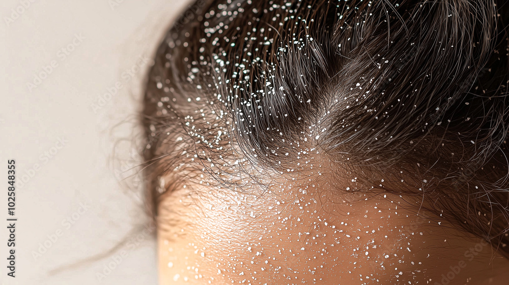 Female with Psoriasis on Scalp, Flaky Skin. Female with Psoriasis on Scalp, Flaky Skin.