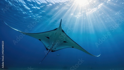 Stunning underwater shot of a majestic mantarraya (stingray) gliding over a vibrant coral reef, illuminated by sunlight. Perfect for marine life, ocean conservation, and wildlife projects photo