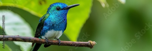  A blue-and-white bird perches on a tree branch, surrounded by lush green foliage Foreground features a softly blurred green leaf