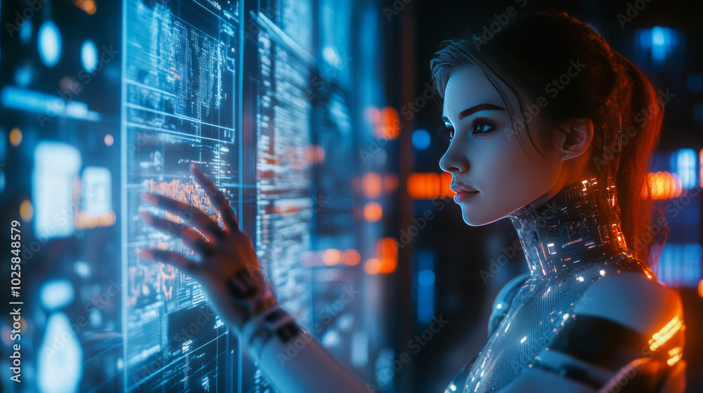 A robot, maybe a cyborg or android woman, is working. She's touching a screen showing virtual graphics. Artificial intelligence is analyzing information on the display, showing futuristic technology. A robot, maybe a cyborg or android woman, is working. She's touching a screen showing virtual graphics. Artificial intelligence is analyzing information on the display, showing futuristic technology.
