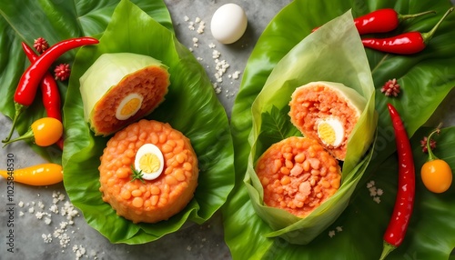 Nigerian Moin Moin Elewe Wrapped in Leaves with Boiled Egg (Leaf-Wrapped Moin Moin) photo