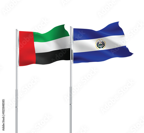 UAE,El Salvador flags together on pole photo