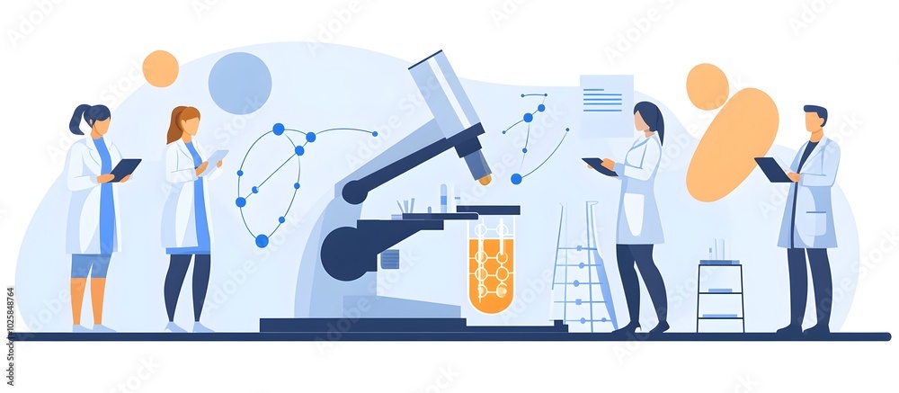 Diverse Team of Scientists Observing 3D-Printed Molecular Structure of New Drug under Digital Microscope with Scientific Graphs and Dynamic Lighting Diverse Team of Scientists Observing 3D-Printed Molecular Structure of New Drug under Digital Microscope with Scientific Graphs and Dynamic Lighting