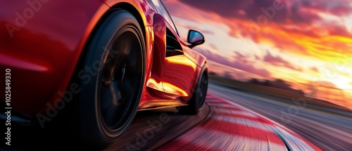  A red sports car, in focused shot, races on the track as the sun sets, distantly behind it