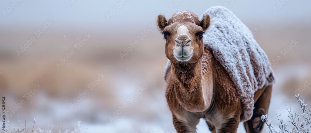 Obraz premium A camel, draped in a blanket, traverses a field of grass - some sections coated in snow