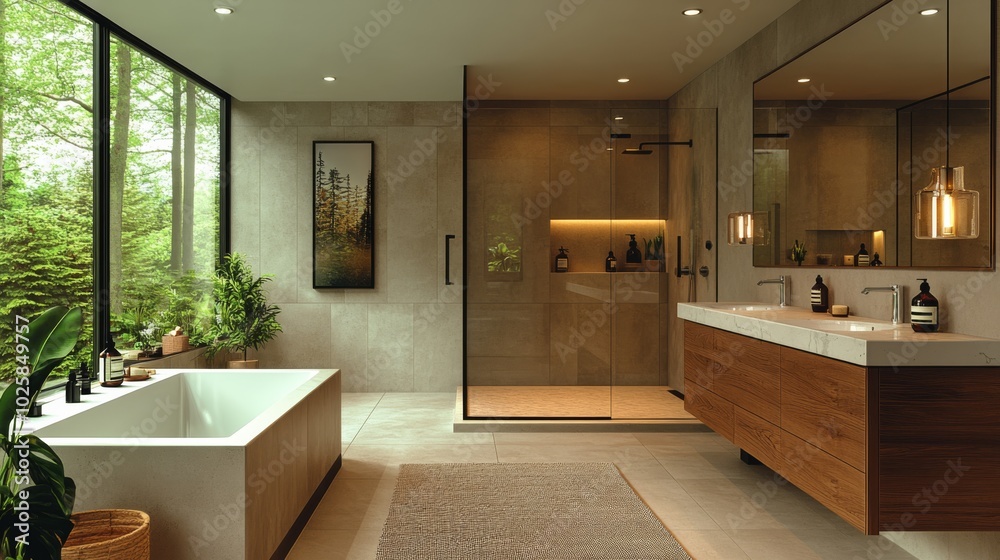 Fototapeta premium A calm bathroom sanctuary with soft lighting, sleek modern fixtures. the perfect place for relaxation and rejuvenation.