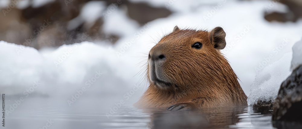 A tight shot of a capybara submerged in water amidst snow-covered ground and jagged rocks as backdrop A tight shot of a capybara submerged in water amidst snow-covered ground and jagged rocks as backdrop