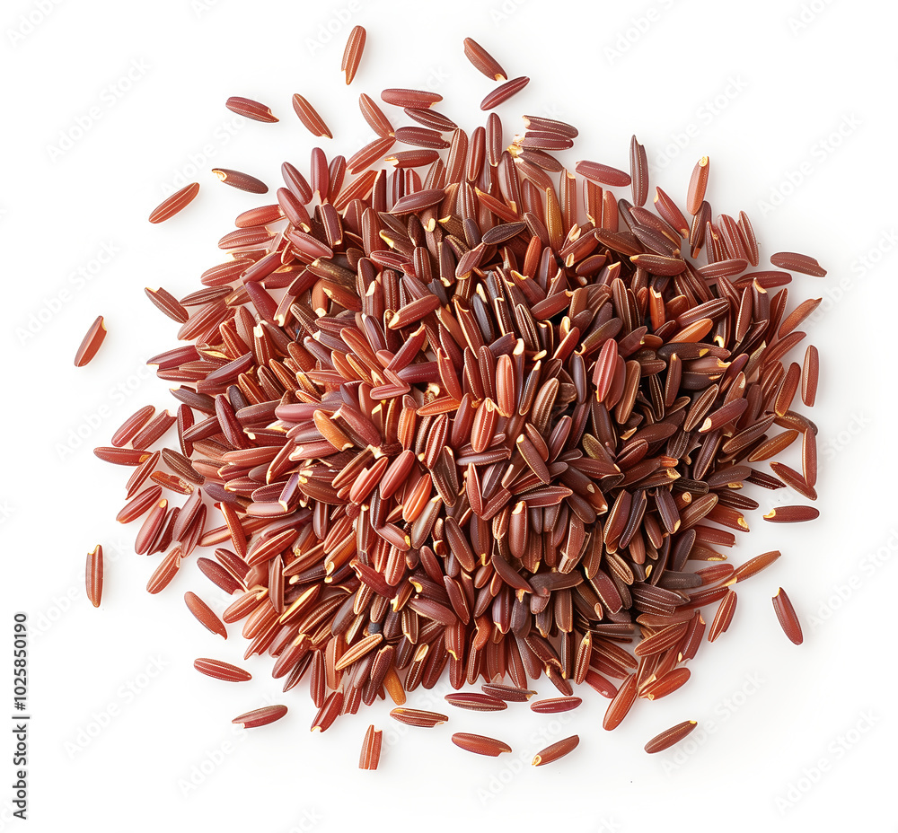 Pile of raw red rice or brown rice isolated on white background. Top view of a grain of red rice. Uncooked brown rice Pile of raw red rice or brown rice isolated on white background. Top view of a grain of red rice. Uncooked brown rice