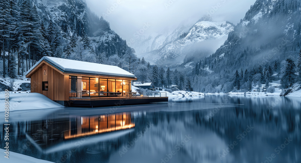 Fototapeta premium A beautiful modern cabin made of wood and glass, in the middle of snow-covered mountains with trees, on an ice-covered lake surrounded by a pine forest, at night.