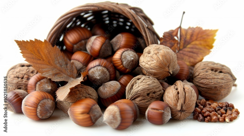 Basket filled with nuts surrounded by vibrant autumn leaves on a white background