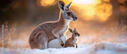  A mother kangaroo and joey rest in the snow, sun rays filtering through tree branches behind them photo