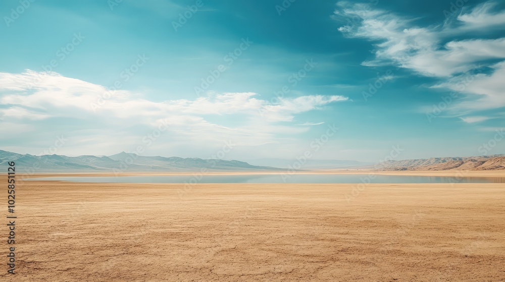 A desert landscape with a shimmering mirage in the distance, creating the illusion of a distant lake reflecting the blue sky A desert landscape with a shimmering mirage in the distance, creating the illusion of a distant lake reflecting the blue sky
