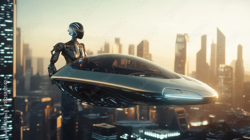 A sleek, flying car glides above a futuristic city. A woman with robotic parts controls the vehicle. This 3D image shows a possible future of transportation. A sleek, flying car glides above a futuristic city. A woman with robotic parts controls the vehicle. This 3D image shows a possible future of transportation.