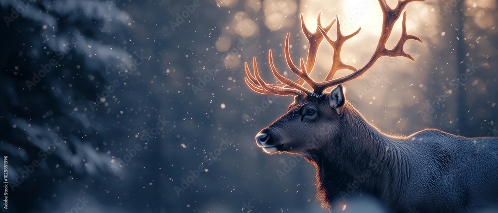 A tight shot of a deer with antlers adorning its head against a backdrop of a forest blanketed in snow A tight shot of a deer with antlers adorning its head against a backdrop of a forest blanketed in snow