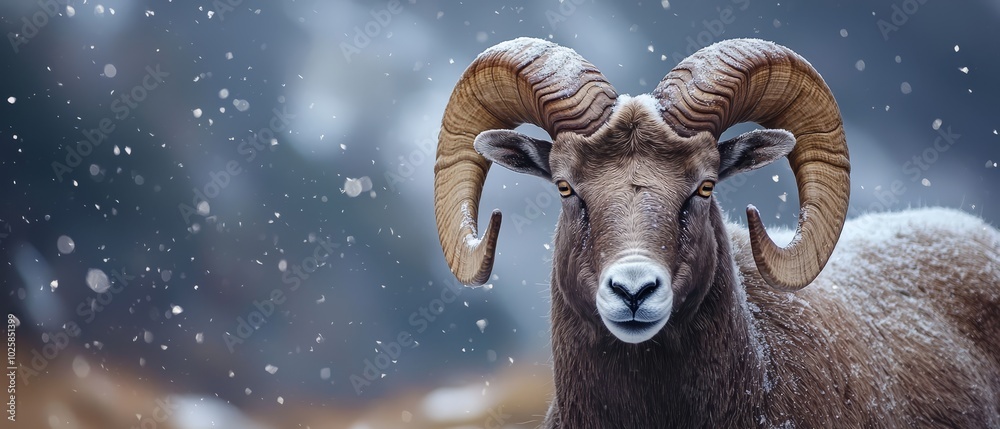 A tight shot of a ram with elongated horns amidst a wintry landscape, dusted with snowflakes A tight shot of a ram with elongated horns amidst a wintry landscape, dusted with snowflakes