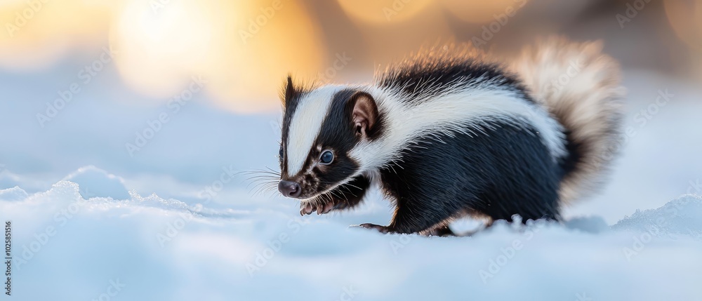 Obraz premium A skunk walks through the snow with its mouth open and tongue extended