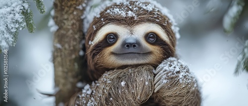  A tight shot of a sloth in a tree, covered in snow on its face and neck