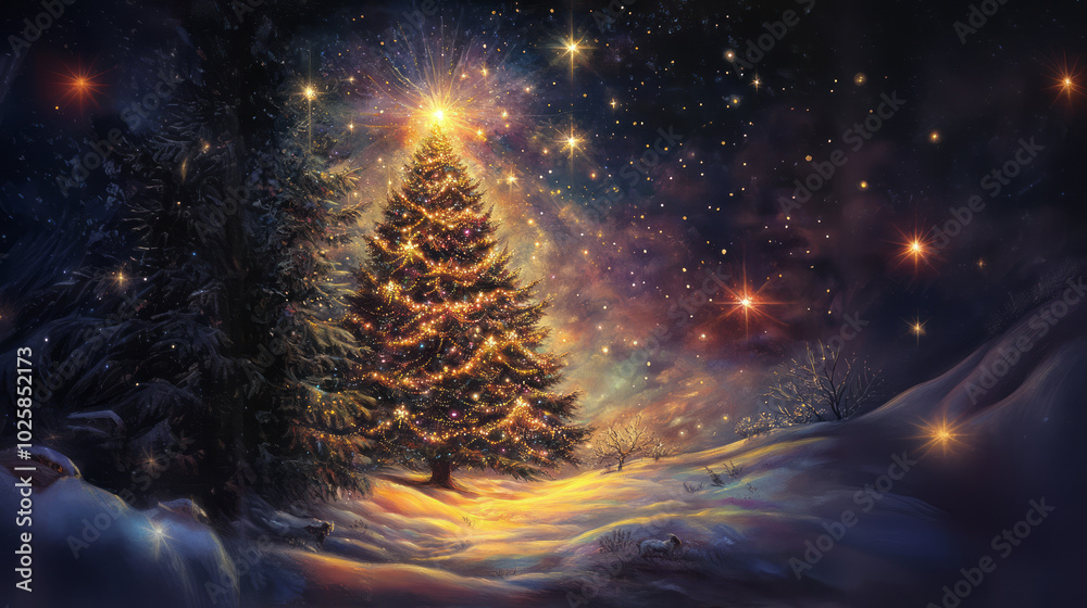 Naklejka premium Christmas tree landscape sparkling at night