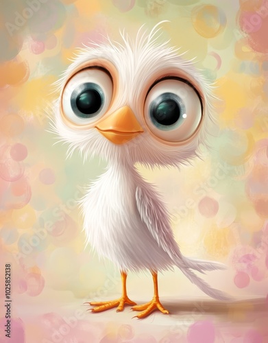  A tight shot of a cartoon bird with large eyes and a fluffy white bird featuring big blue eyes They pose before a vibrant backdrop of yellow and pink