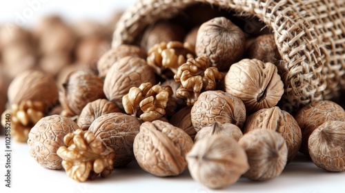 A rustic basket overflowing with fresh walnuts set against a bright white background for clarity