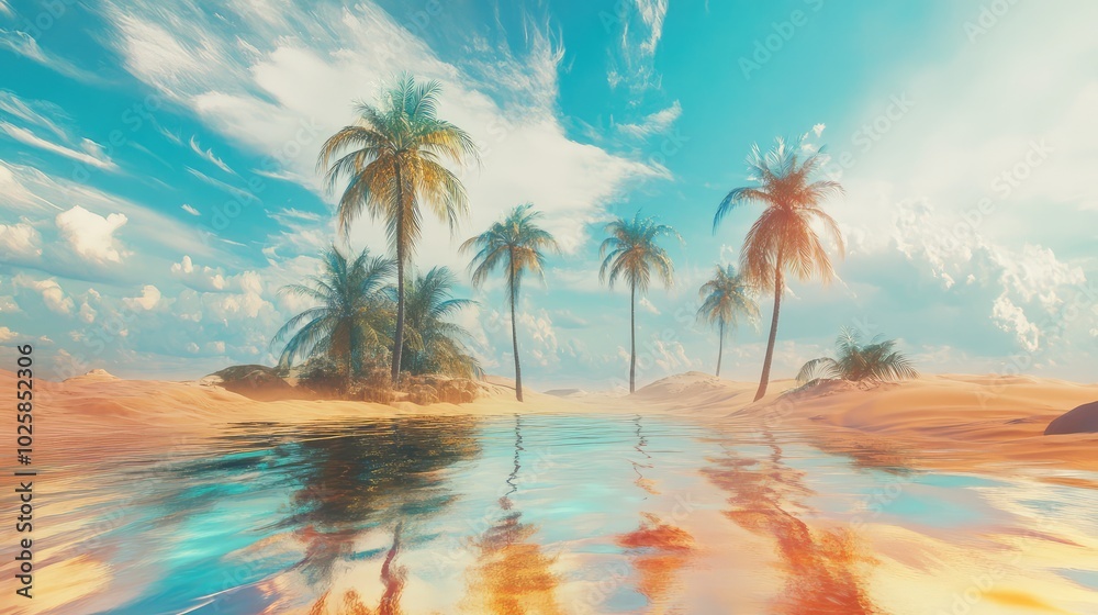 Obraz premium A distant desert oasis distorted by a mirage, with palm trees and water shimmering and blending into the sky above the sand