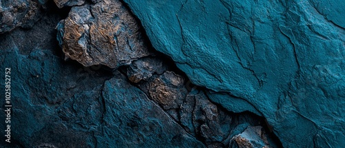  A tight shot of a wooden piece with applied blue paint, adjacent to a brown rock