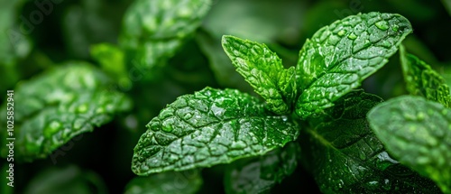  A tight shot of a verdant, leafy plant with droplets on its foliage