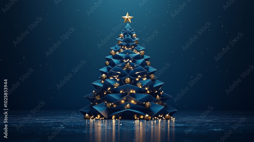 A sharp, geometric christmas tree made from smooth blue material, decorated with simple gold lights.a star at the top.