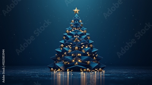 A sharp, geometric christmas tree made from smooth blue material, decorated with simple gold lights.a star at the top.