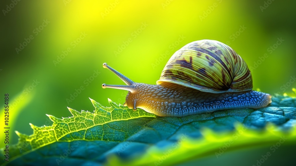 A snail crawling on the leaf of a green plant, close-up photography ...