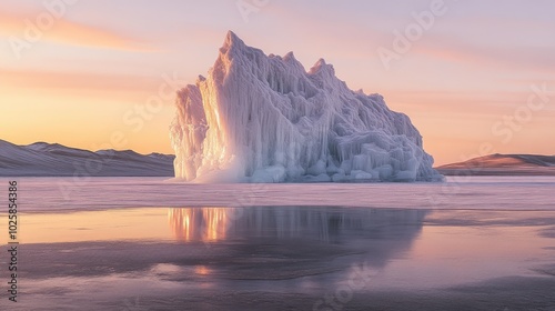 A giant frozen sculpture rising from the center of a desert, its icy surface reflecting the warm tones of the surrounding dunes