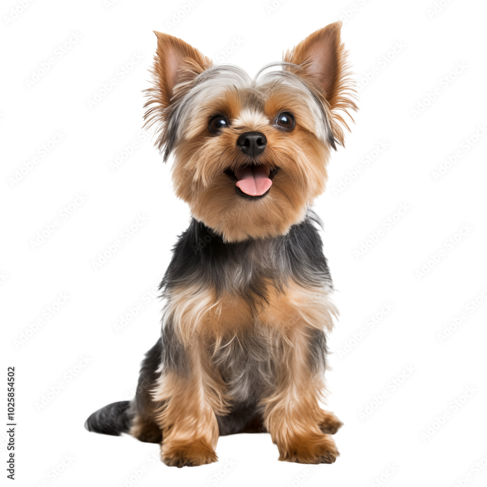 Happy Yorkshire Terrier sitting against a transparent background with playful expression and well-groomed fur Happy Yorkshire Terrier sitting against a transparent background with playful expression and well-groomed fur