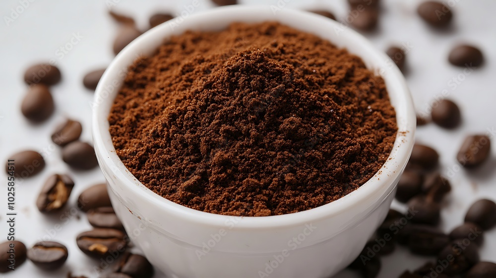 Ground Coffee Powder in Bowl with Coffee Beans Ground Coffee Powder in Bowl with Coffee Beans