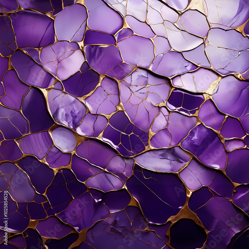 Cracked violet and gold ceramic art texture background, Kintsugi, Japanese art of repairing broken pottery