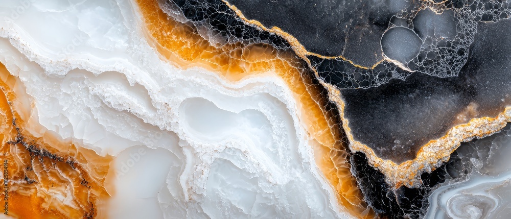 A tight shot of a multicolored object - black, orange, and white - featuring white whorls at its base A tight shot of a multicolored object - black, orange, and white - featuring white whorls at its base