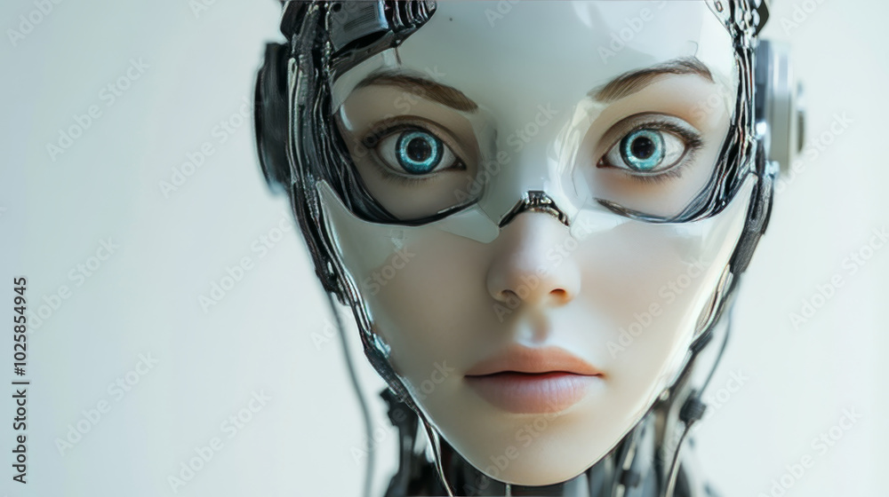 A robot woman stares directly at the camera. Her plastic face is a mask, hiding the advanced technology inside. This image represents the future of artificial intelligence. A robot woman stares directly at the camera. Her plastic face is a mask, hiding the advanced technology inside. This image represents the future of artificial intelligence.