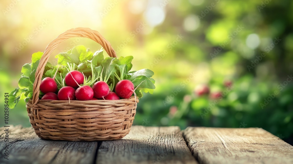 A basket of fresh red radishes with green leaves sits on a wooden table with a green blurry background. A basket of fresh red radishes with green leaves sits on a wooden table with a green blurry background.