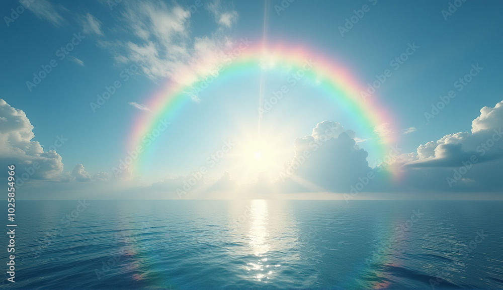 Rainbow Over Serene Island and Calm Sea Rainbow Over Serene Island and Calm Sea
