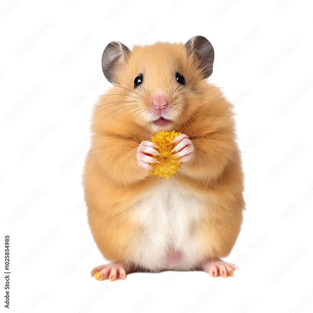 Cute hamster sitting with yellow flowers, enjoying a snack in a bright setting during daylight hours Cute hamster sitting with yellow flowers, enjoying a snack in a bright setting during daylight hours