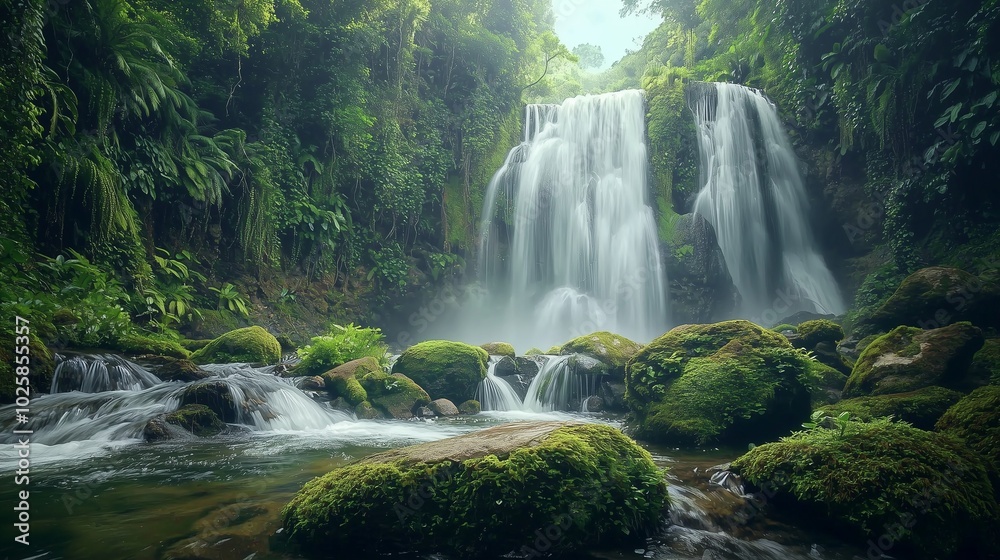 Obraz premium Majestic waterfall flowing into a moss-covered rocky stream in a tropical jungle.