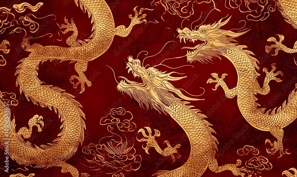 Obraz premium Two golden dragons on red background.