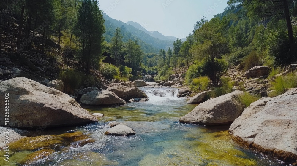 River Flowing Through a Forested Mountain Valley River Flowing Through a Forested Mountain Valley