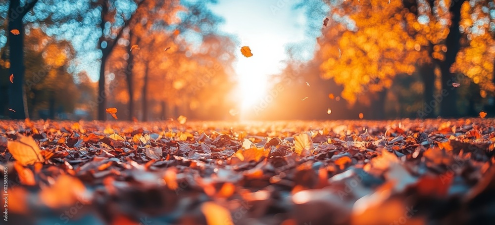 Autumn background with colorful leaves falling in the park on a sunny day. Autumn background with colorful leaves falling in the park on a sunny day.