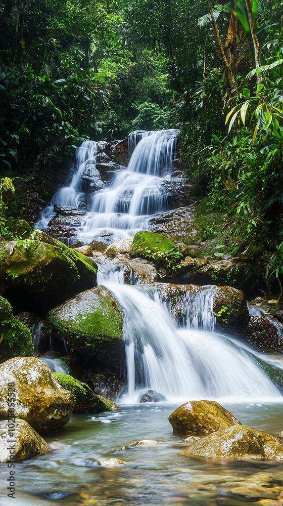 Fototapeta premium Cascading waterfall flowing over mossy rocks in a lush tropical jungle.